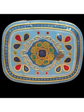 German Metal Vanity Trinket Tin Container Turquoise Faux Bejeweled Gem MCM Decor
